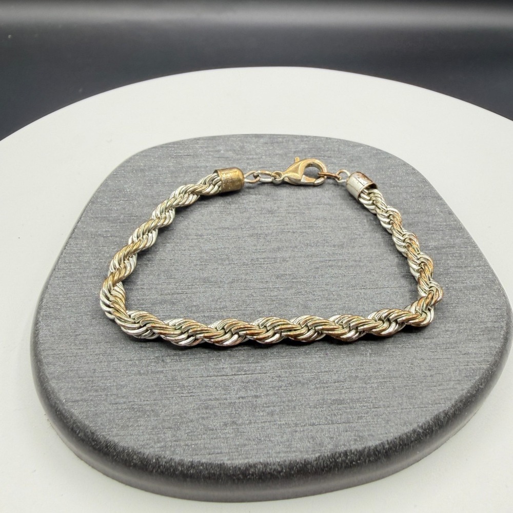 Two Tone Silver & Gold Tone Rope Chain Bracelet Lobster Clasp Classic Jewelry